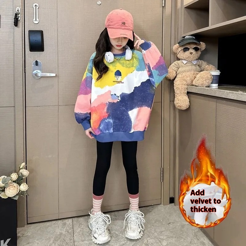 Girls Sweatshirt Autumn And Winter Korean Version Children's Tops Medium And Large Children's Plush And Thickened Girls Loose Sweatshirt