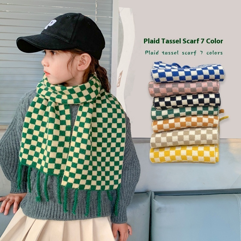 Qiunan Children's Scarf Winter Korean Style Fashion Plaid Tassel Boys And Girls Autumn And Winter Knitted Collar Baby Scarf