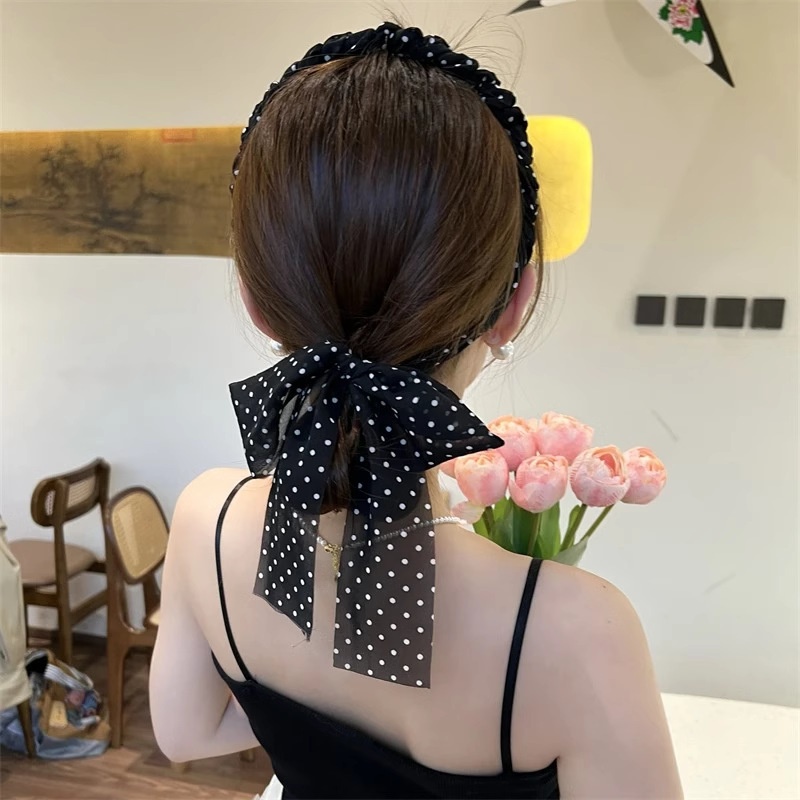 Polka Dot Pleated Ribbon Headband All-match Temperament Outgoing Wide-brimmed Pressed Hair Bundle Shattered Hair Clip Non-slip Face Washing Headband Hair Accessories
