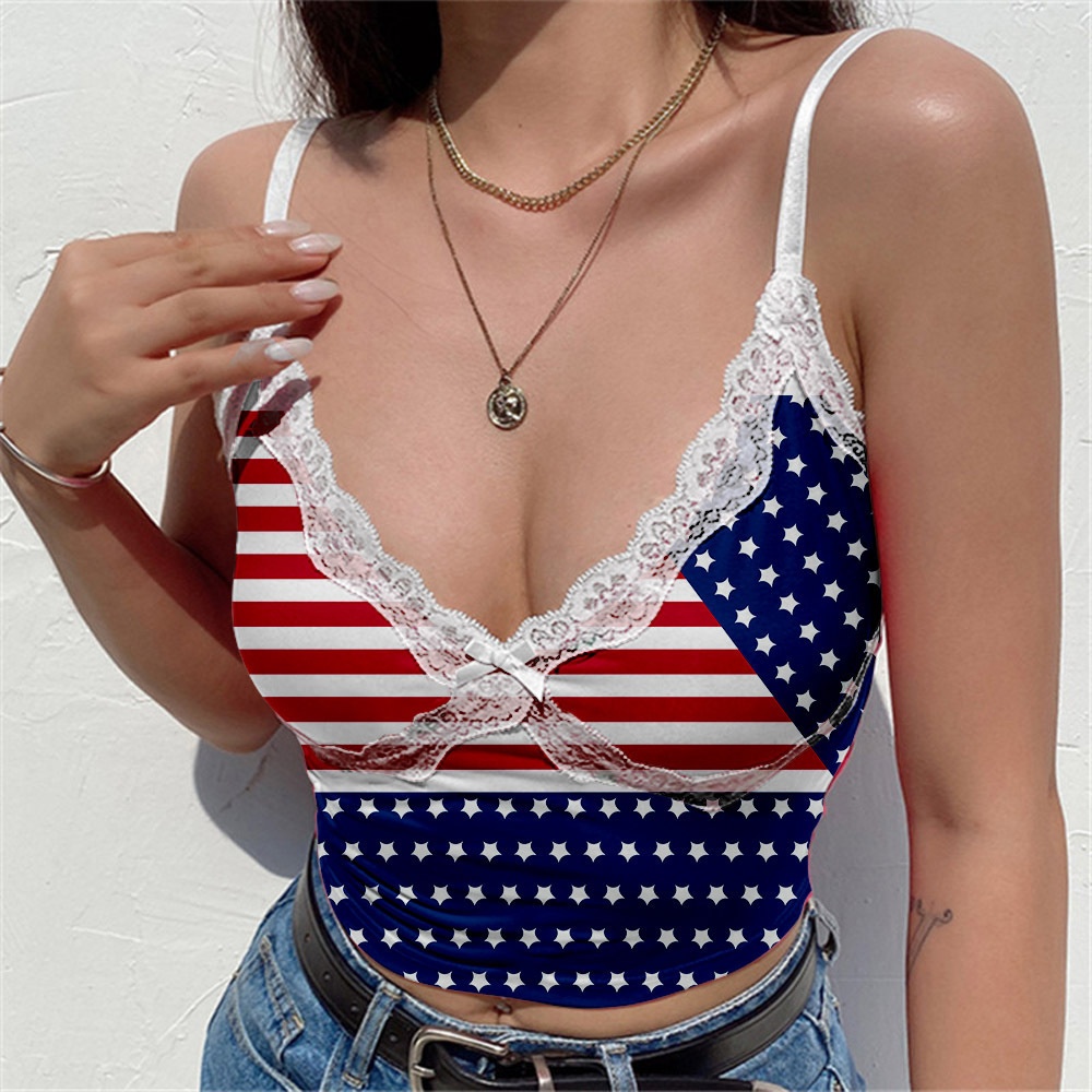 Women's Ribbon Independence Day Deep VNeck Lace Camisole