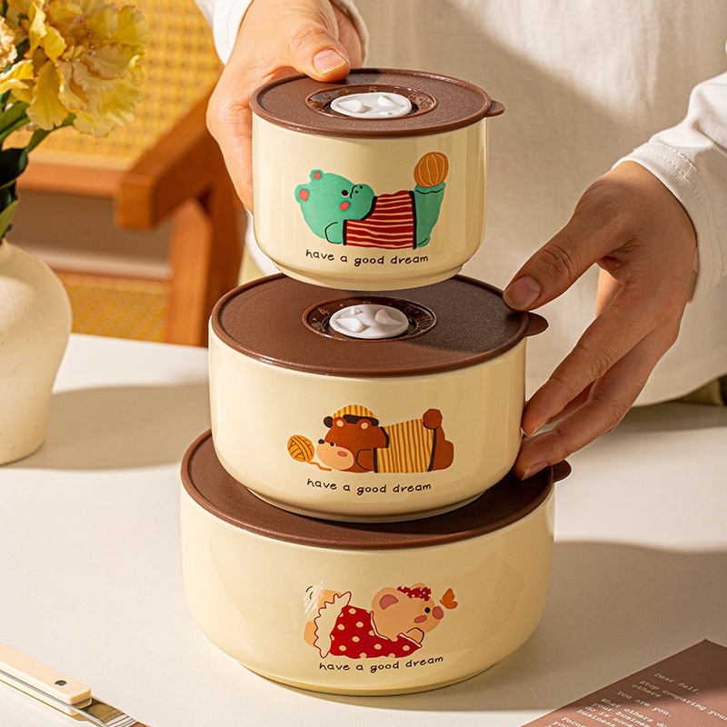 陶瓷保鲜碗三件套礼盒装微波炉饭盒带盖水果盒大号泡面碗送礼礼品