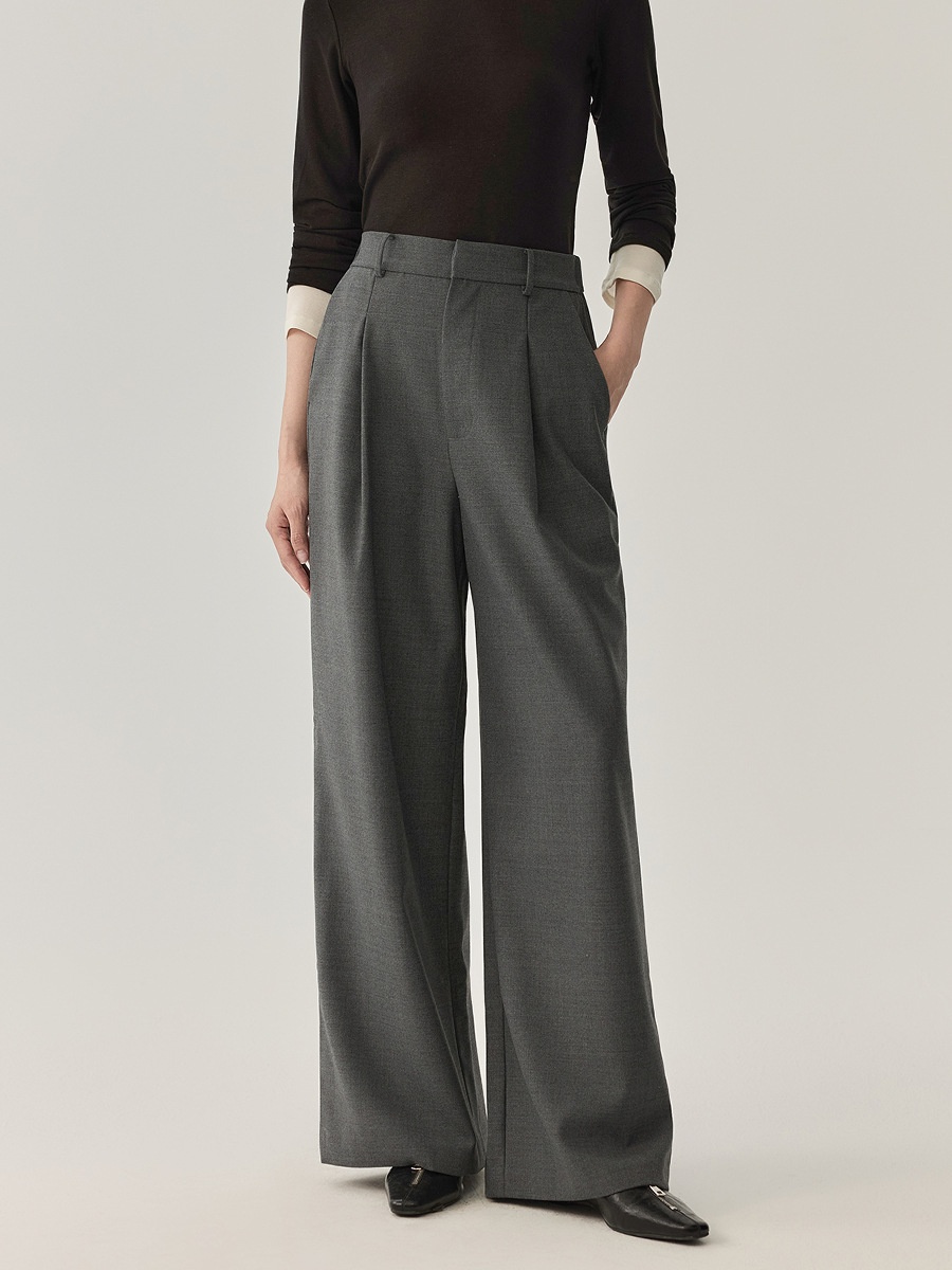 Versatile Commuting Warm Wool Solid Color Trousers For Women Loose Slim High Waist Temperament OL Style Wide Leg Pants