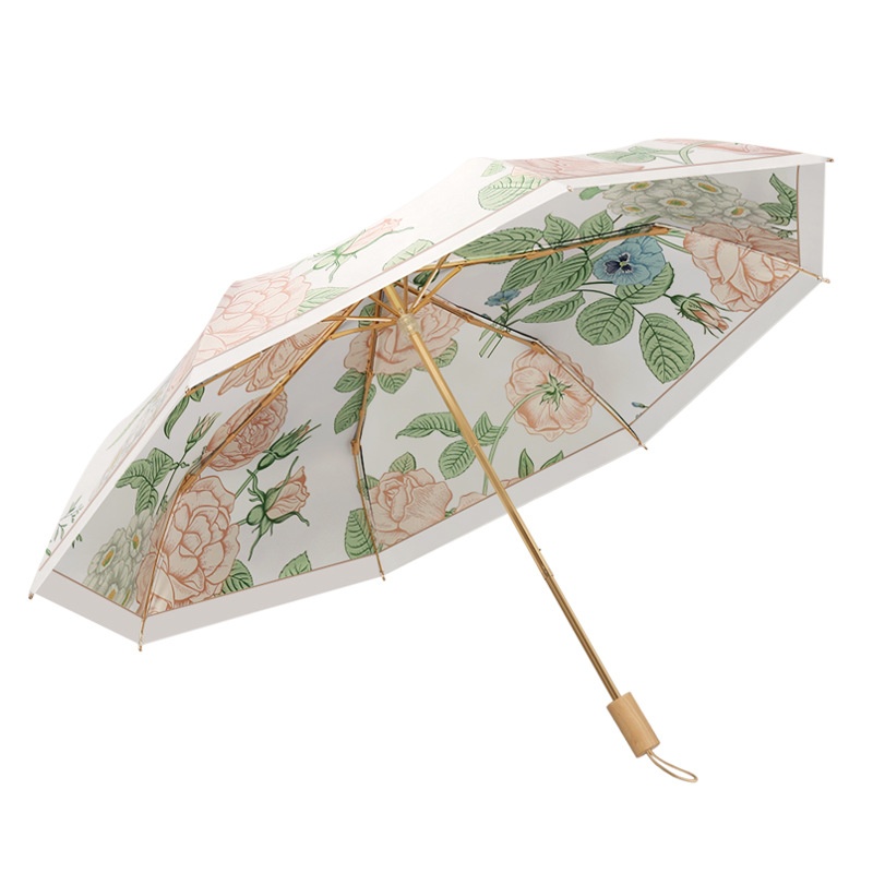Three-fold8-rib Double-sided Floral Solid Wood Handle Simple Three-fold Sunny Umbrella