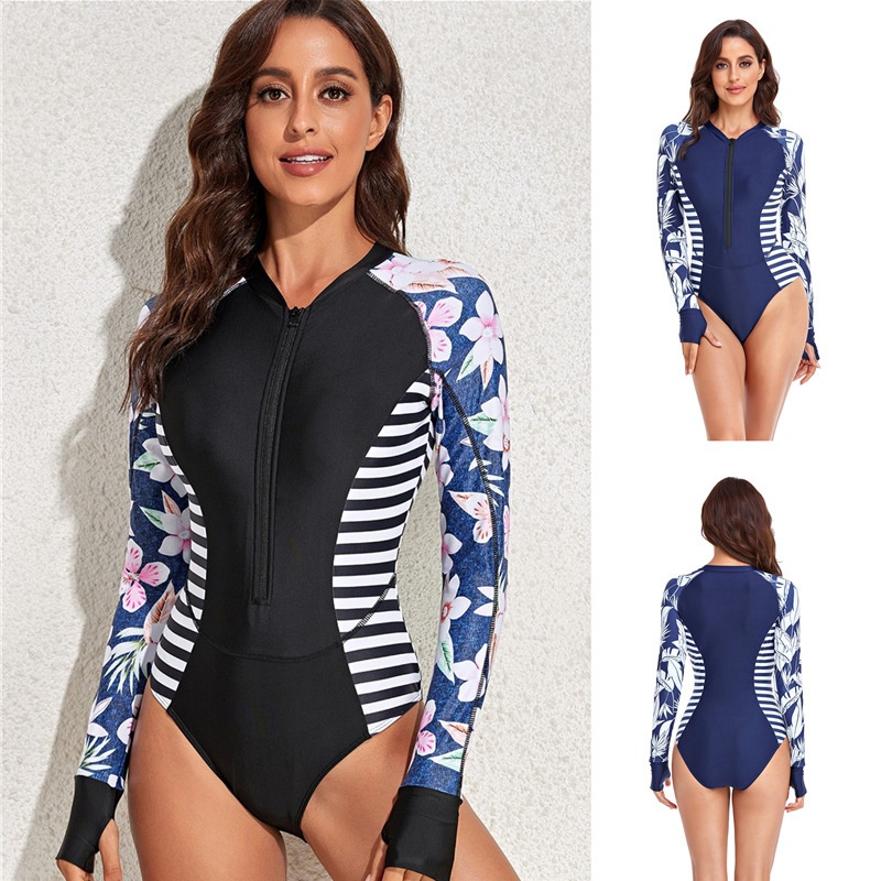 European And American One-piece Swimsuit Tight Long Sleeve Digital Printing Diving Surfing Swimsuit Women