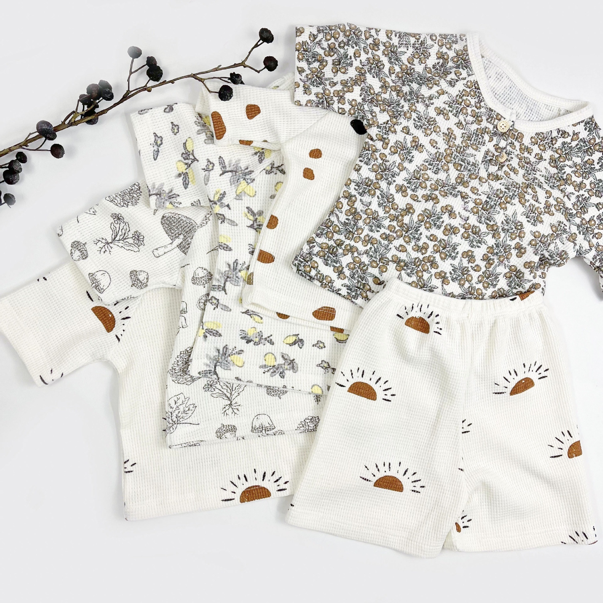 Waffle Children's Home Clothes Pajamas Danish Style Short-sleeved Tops Summer Boys And Girls Baby Home Clothes Suits