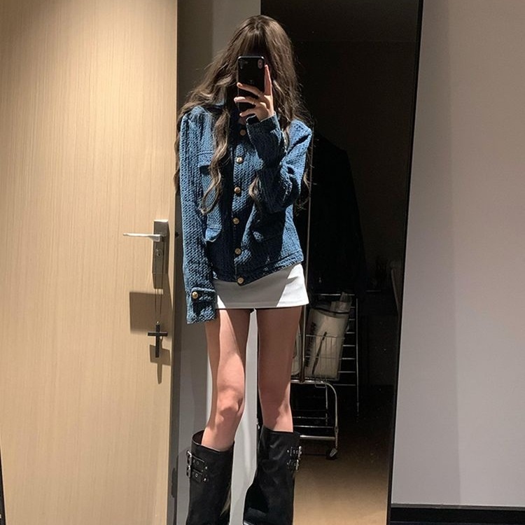 Denim Jacket, Loose-fitting, Retro Textured Stand-up Collar Blue Jacket