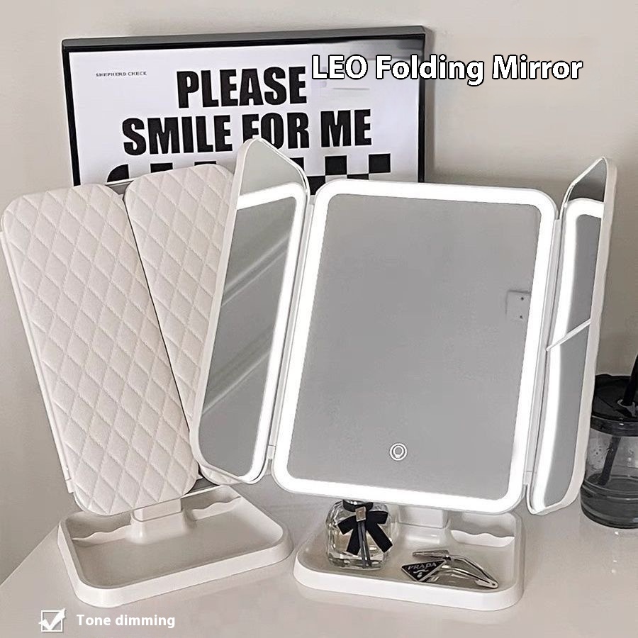 Smart LED Light Makeup Mirror Desktop Desktop Three-sided Folding Beauty Makeup Dressing 270 Degree Super Wide Angle Goddess Ceremony