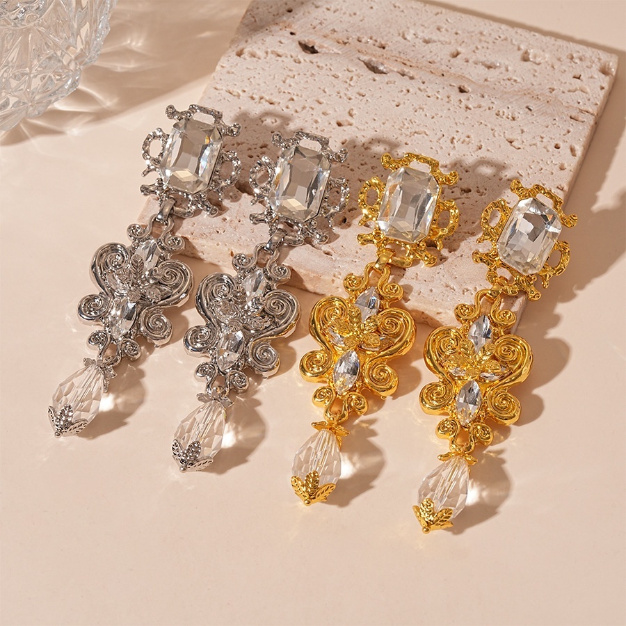 Vintage Palace Style Imitation Crystal Flower Water Drop Tassel Silver Pin Earrings French Style Light Luxury High-end Elegant Earrings For Women