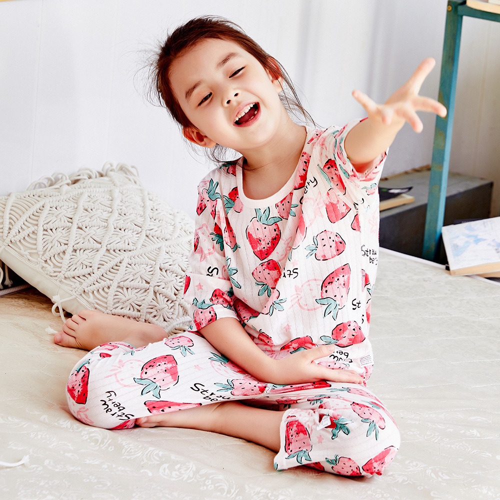 Children's Summer Thin Air-conditioning Clothing Suit Boys Air Cotton Pajamas Girls Baby Cotton Three-quarter Sleeve Home Clothes