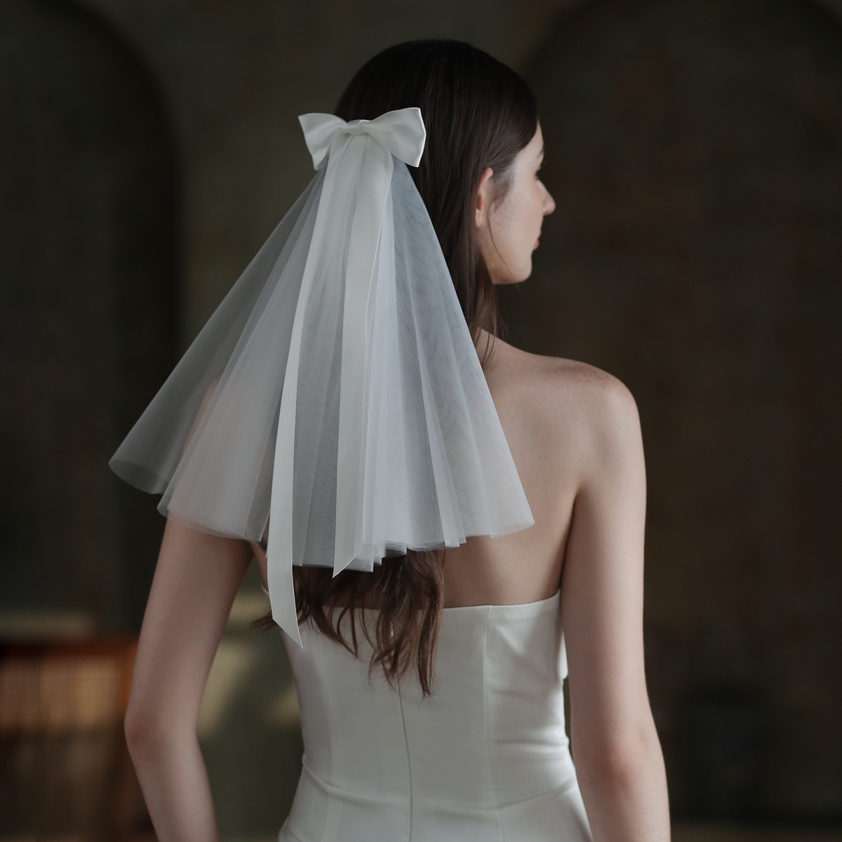 V664-1 Bow Bridal Veil Forest Series Super Fairy White Short Style Marriage Registration Headwear