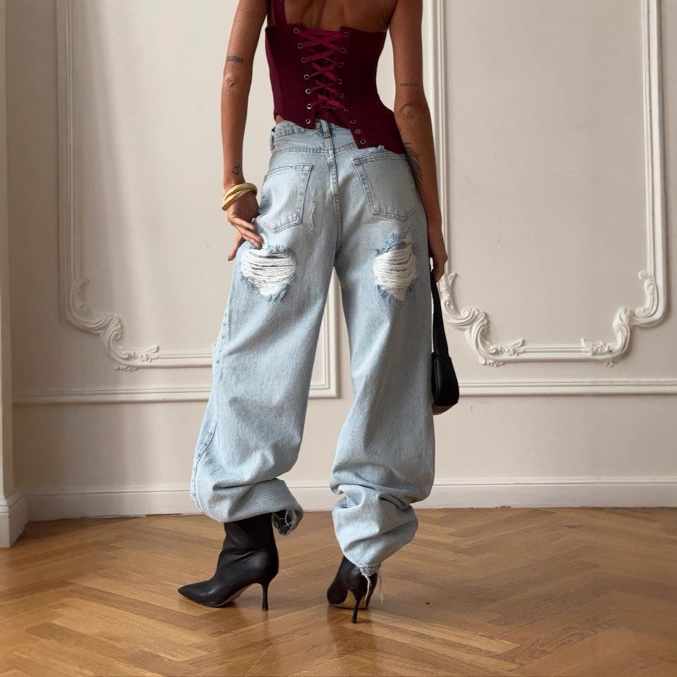 Hot Girl Style All-match Ripped Jeans Women's Spring And Summer Retro Light Blue Straight Leg Pants Women's