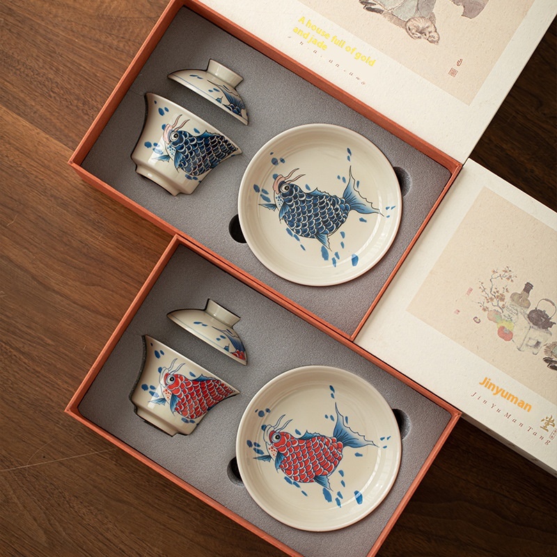 Grass And Wood Gray Dragon Fish Three Cai Cover Bowl Tea Cup With Lid Anti-scald Kung Fu Tea Set Single High-end Household Ceramic Tea Bowl