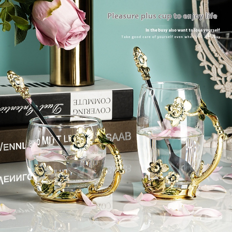 Enamel Colored Water Cup Heat-resistant Glass Flower Tea Cup Jasmine Home Cup Set Creative Coffee Cup