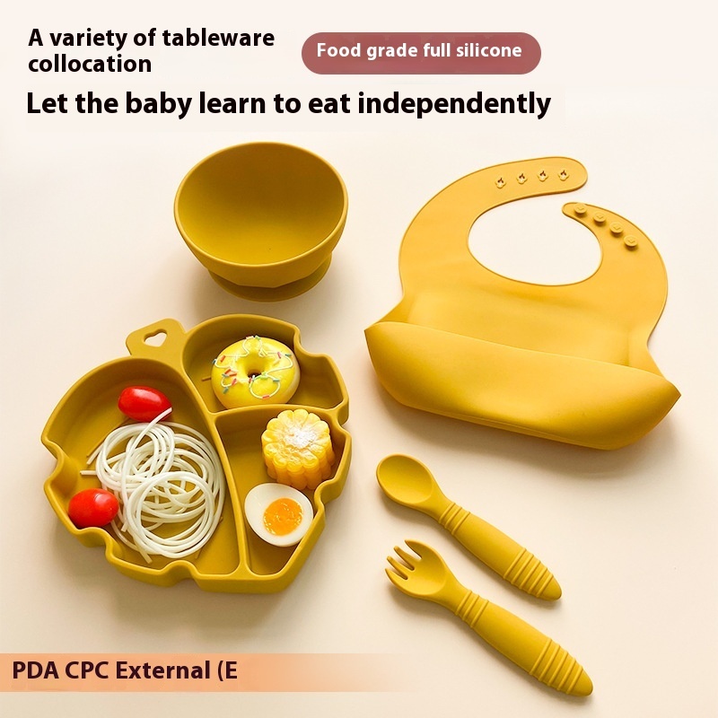 AVariety Of Food-grade Children's Silicone Meal Trays And Complementary Food Sets For Eating Training Forks,Spoons,Bibs,Bowls,Baby Feeding Tableware