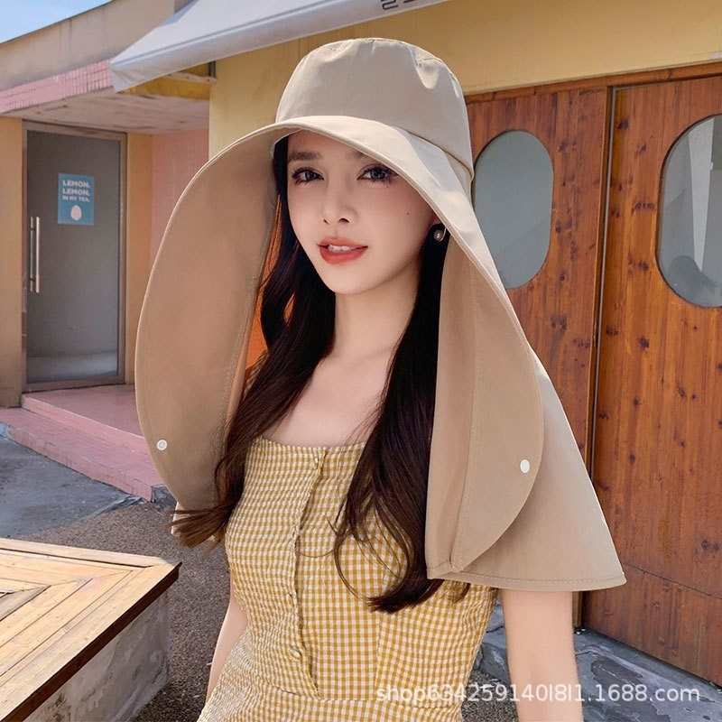 Sunscreen Hat Women's Large Brim Hood Integrated Anti-UV Shading Shawl Outdoor Neck Cover Face Fisherman Hat Foldable