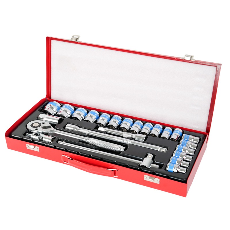 24-piece Chrome Vanadium Steel Auto Repair Smooth Handle Quick Ratchet Wrench FRod Blue Belt Sleeve Iron Box Tool Set
