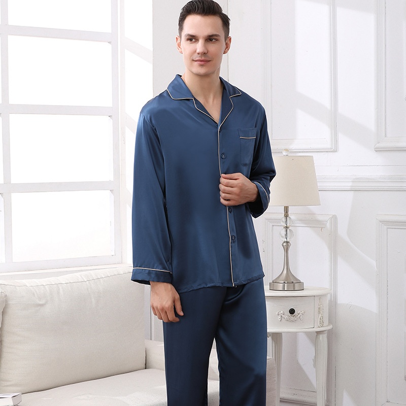 19 Mommy Heavy Silk Pajamas Men's Spring And Summer100%Mulberry Silk Long-sleeved Two-piece Suit Home Clothes