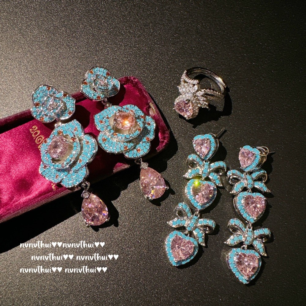 Austrian Court Camellia Jewel Earrings Vintage Plated 18K Gold Argyle Powder Love Drop Glaze Earrings