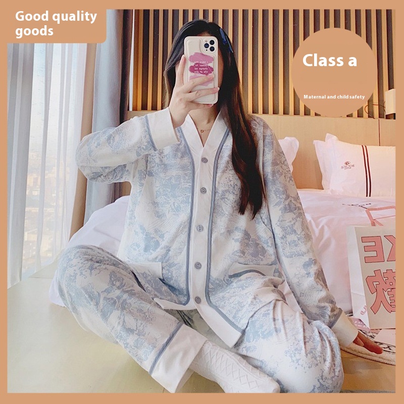 Confinement Clothes Pure Cotton Spring And Autumn Maternity Pajamas Set Prenatal Maternity Wear Postpartum Outer Wear Nursing Clothes Pure Cotton Nursing Clothes