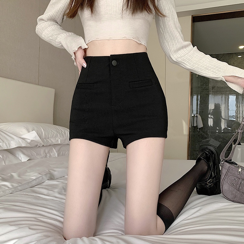 Real Shot Of Missing Bottom Black Shorts For Women Summer High Waist Tight Leggings Outer Wear Hot Pants