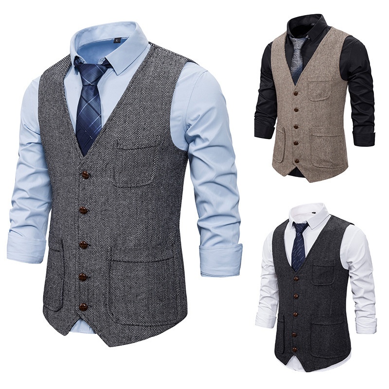 Foreign Trade Men's Herringbone Wool Double Pocket Single Breasted Vest Slim Fit V-neck Men's Suit