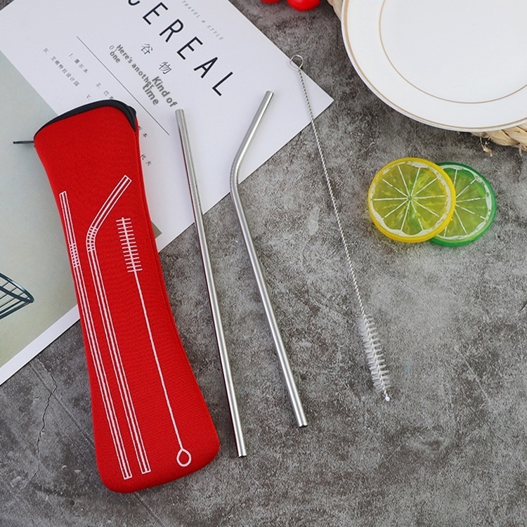 Creative Japanese And Korean Juice Straw Milk Tea Coffee Red Three-piece Portable Stainless Steel Straw Set