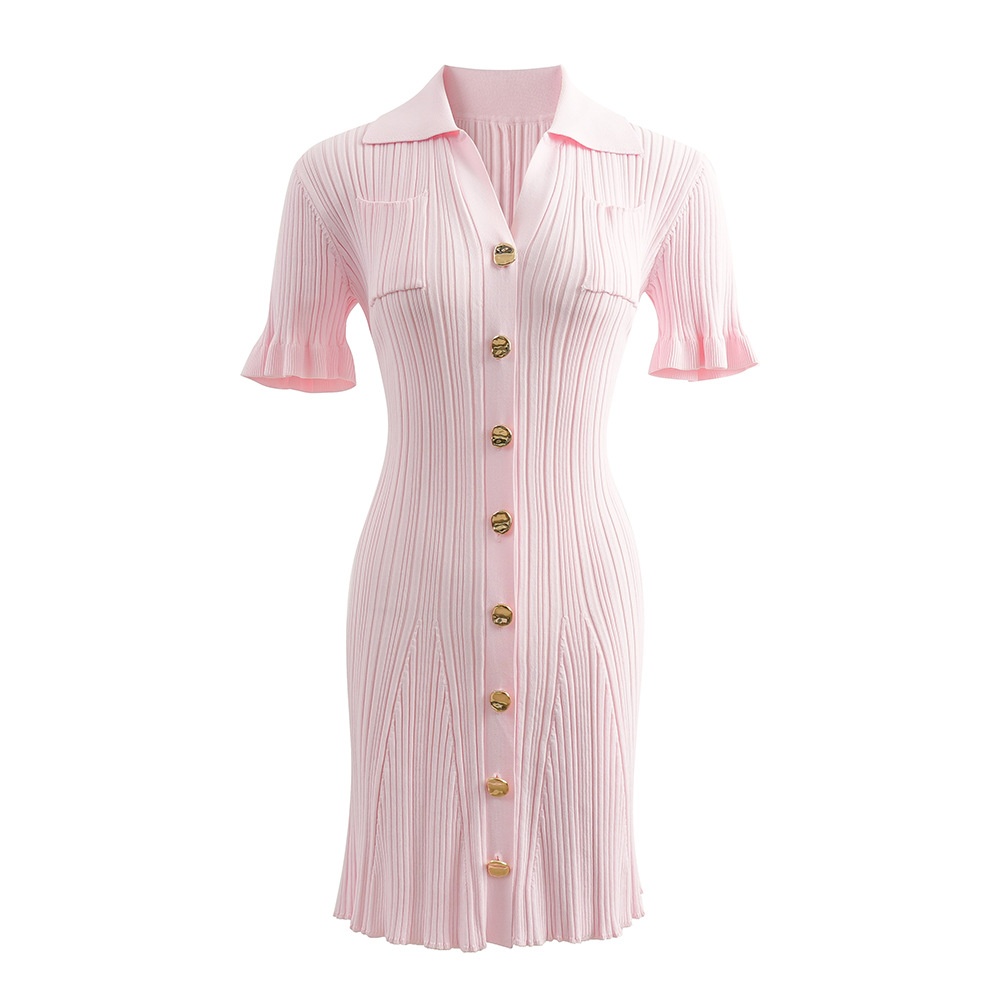 Sp 24 Summer Girlish Pink Sweet Shirt Collar Fungus Sleeves Waist Umbrella Skirt Fishtail Knitted Slim Dress