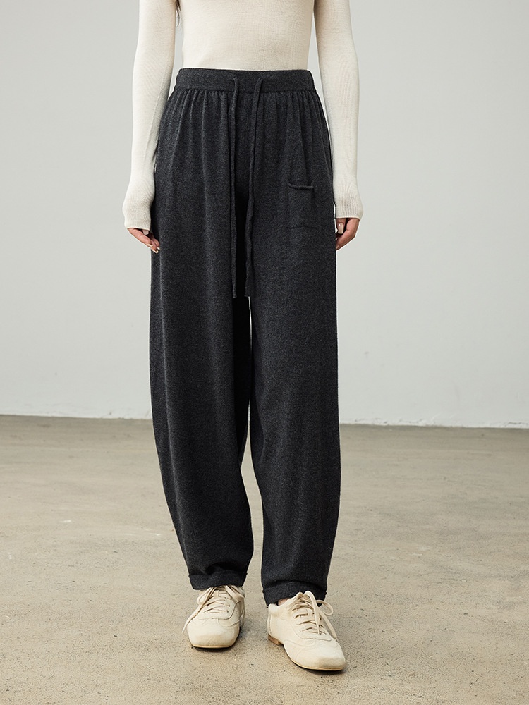 鬆弛感100%羊毛褲繭型闊腿褲針織燈籠褲子