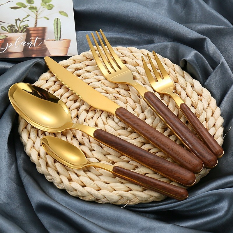 Stainless Steel Knife,Fork And Spoon Western Restaurant Tableware Imitation Wooden Handle Steak Knife And Fork Eating Spoon Fork Retro Set