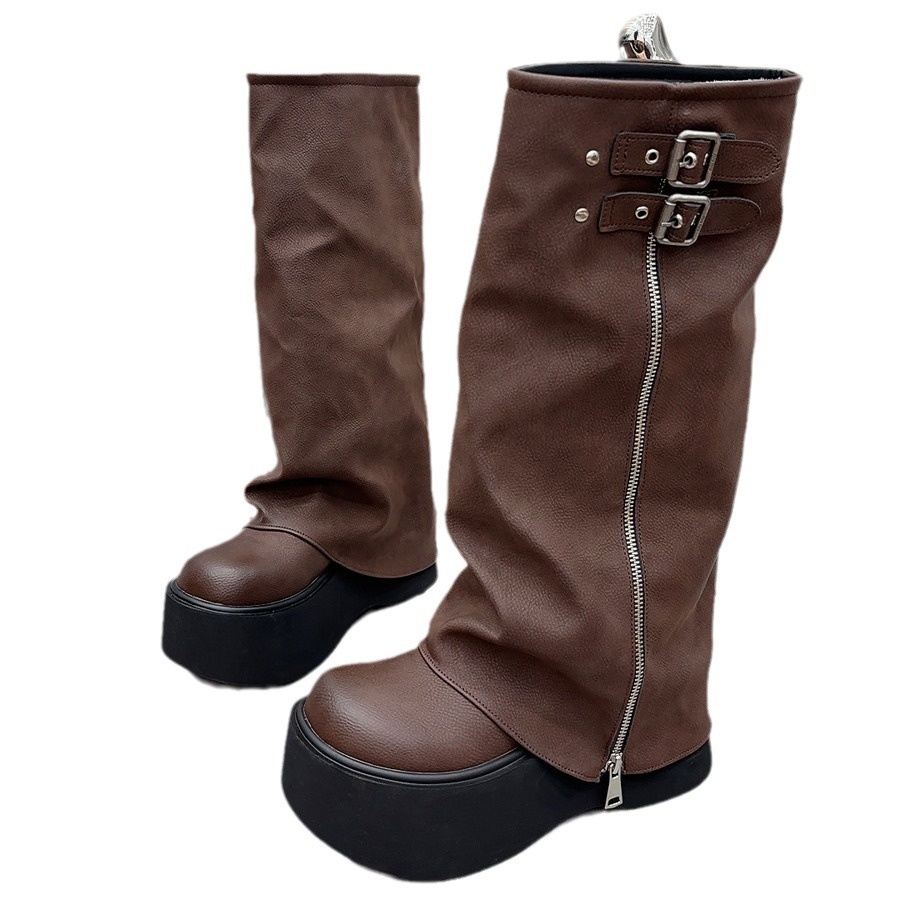 Genuine Leather Big Head Trouser Boots Sweet Cool Style Hot Girl Pile Boots Thick Sole Western Boots