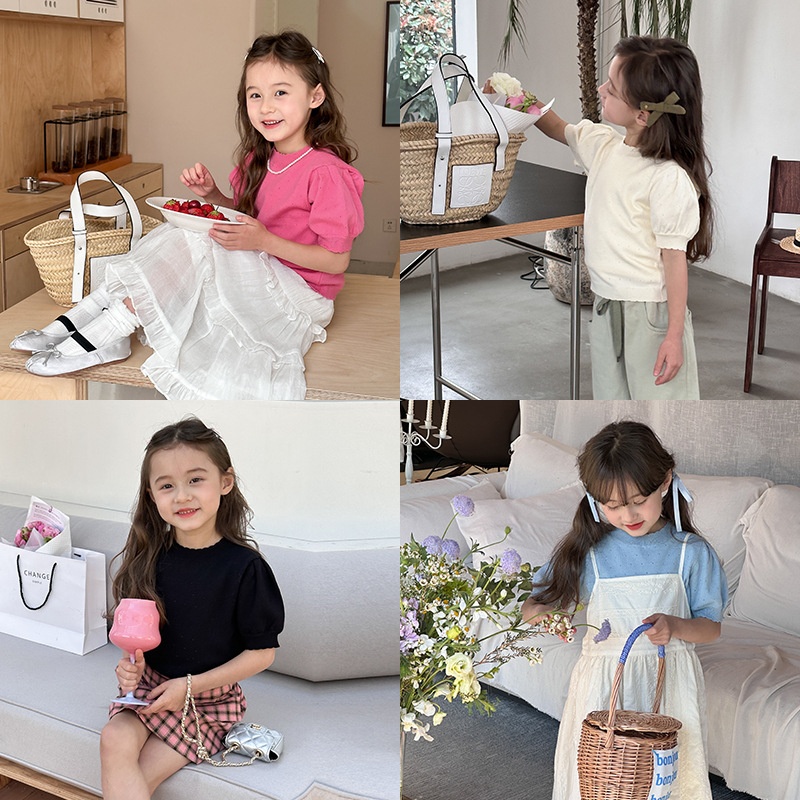 Amo Beibei Spring Girls Cute Bubble Sweater Short Sleeve Children's Korean Hollow Knit Top T-shirt