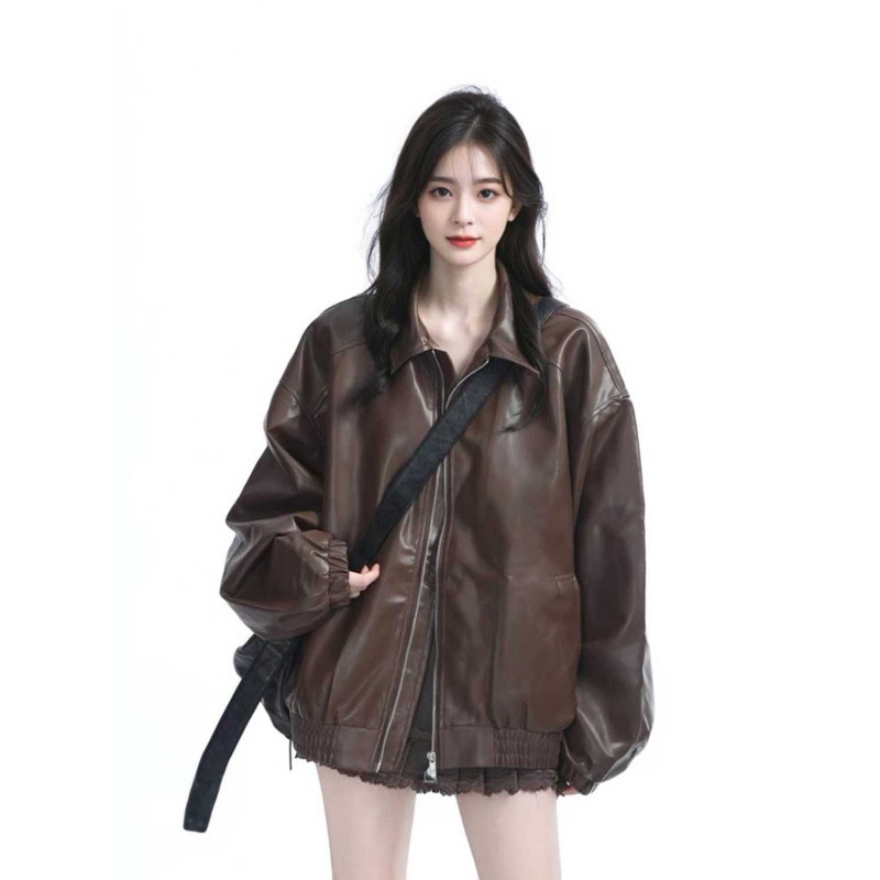 Maillard Brown Motorcycle PU Leather Coat Women's Autumn And Winter Neutral Style American Style Retro Street Loose Jacket Y