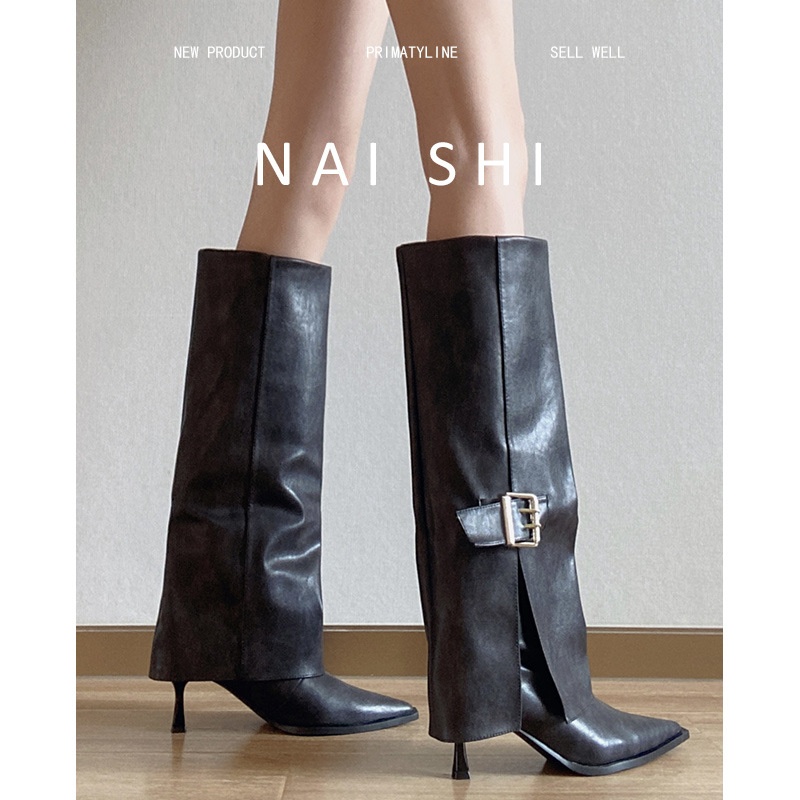 Lambskin Pointed-toe Riding Boots With Belt Buckle, High-heeled Trouser Boots, Stiletto Heels, High-top Straight Boots, Slimming Long Boots