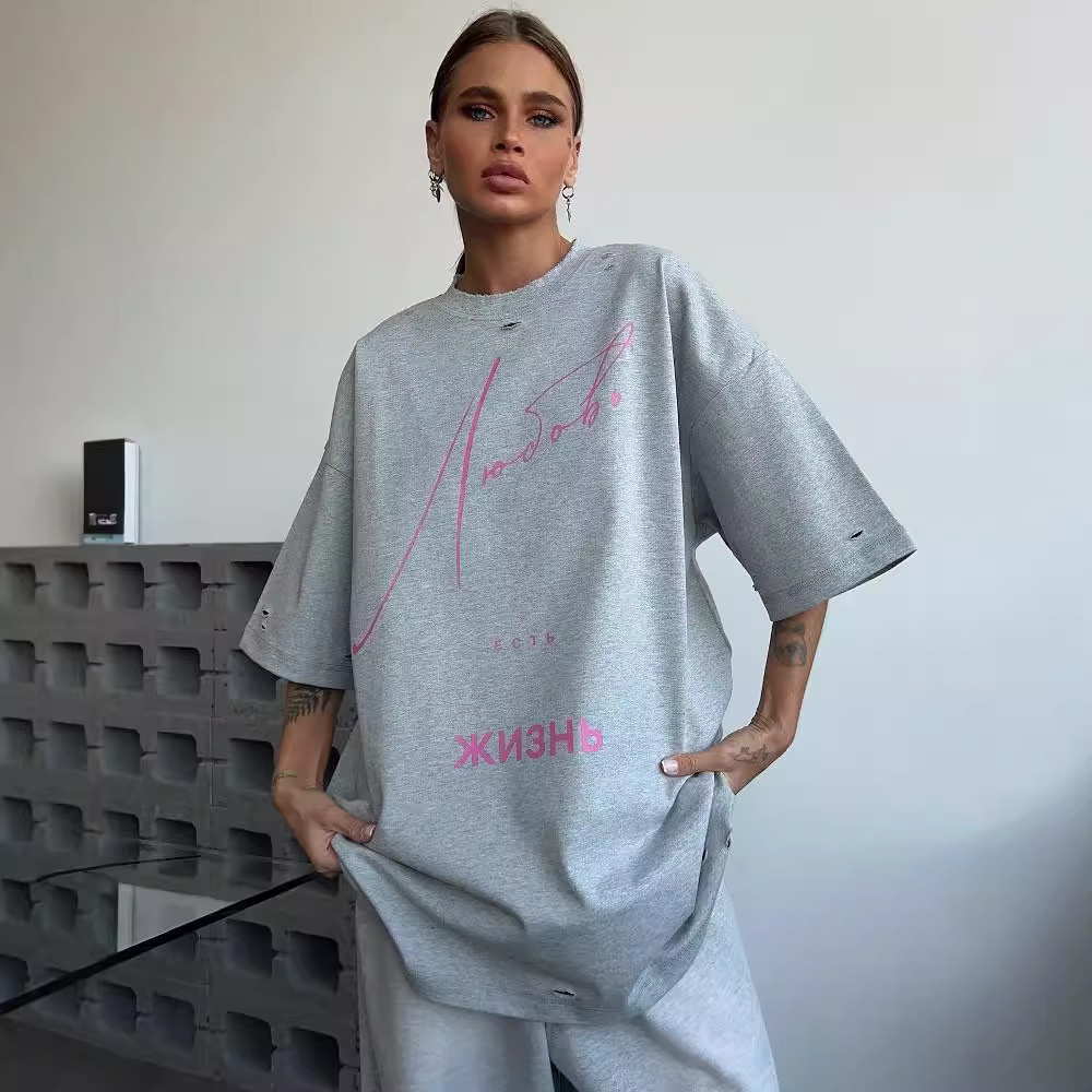 BF Wind Oversize Hole Drop Shoulder Sleeve Short Sleeve T-shirt Europe And The United States Design Feeling Top Wear Women's Clothing Batch