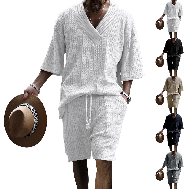 Jacquard Casual Suit Men's Summer Loose Short-sleeved Shorts V-neck Sports Suit Two-piece Set For Men