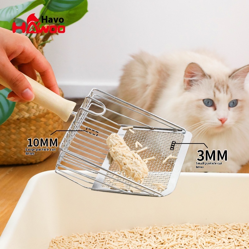 Havo Bag Hook Wooden Handle Stainless Steel Cat Litter Shovel Fine Hole Eight Mesh Metal Cat Litter Shovel Feces Shovel Artifact