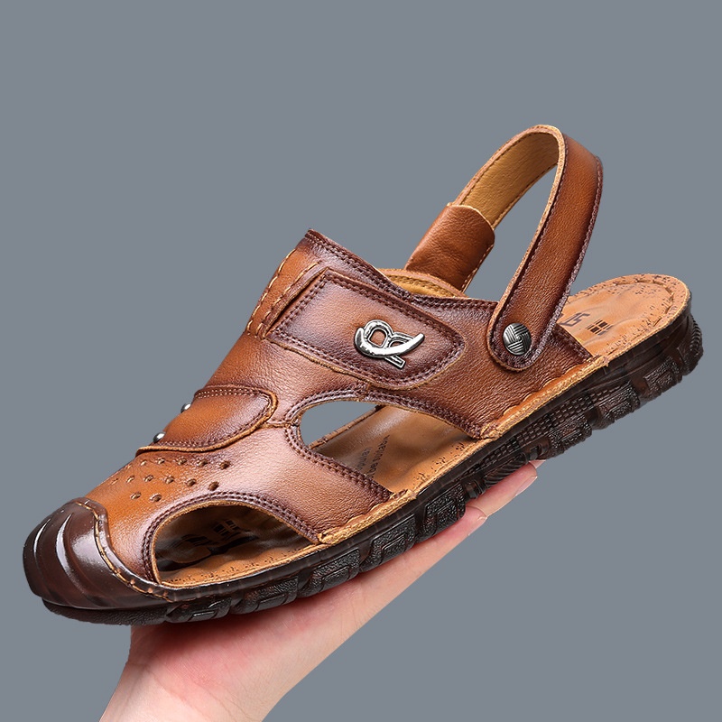 The First Layer Of Cowhide Sandals For Men Baotou Summer Casual Beach Shoes Worn Out Shoes