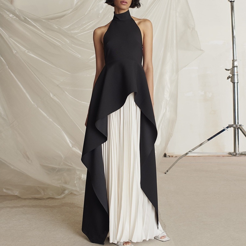 French Style Halter Evening Dress For Ladies Light Luxury Black And White Contrast Color Long Pleated Dress Suit Black Engagement Toast Dress