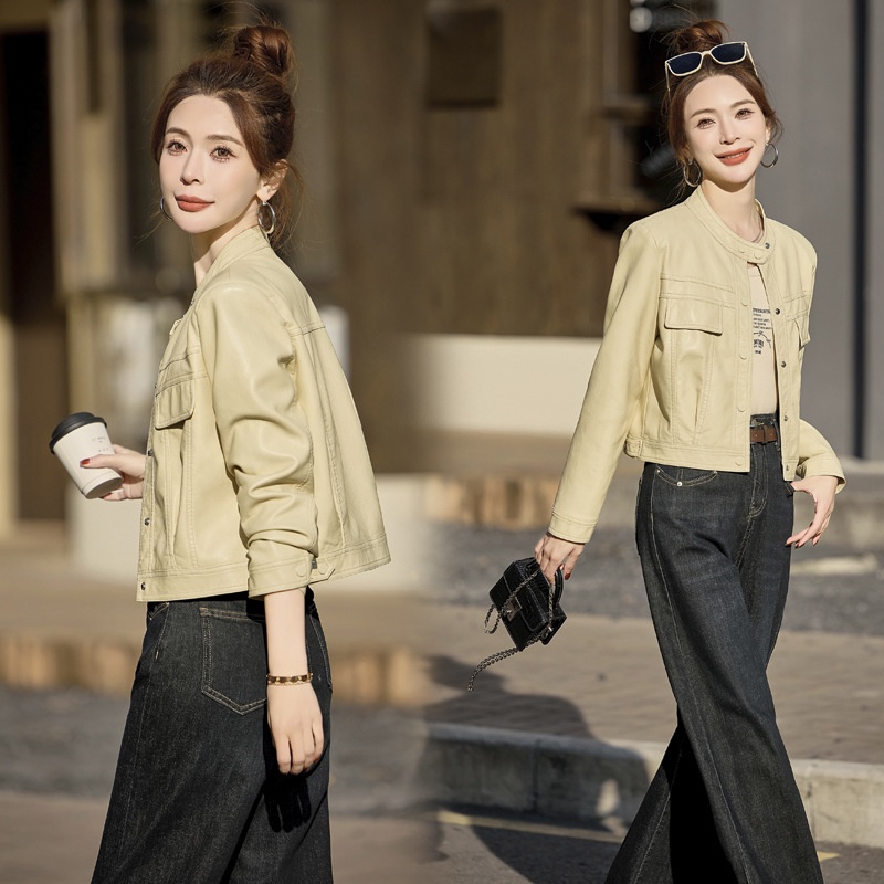 Haining Genuine Leather Women's Short Korean-style Slim-fit Crewneck Sheepskin Jacket For Petite