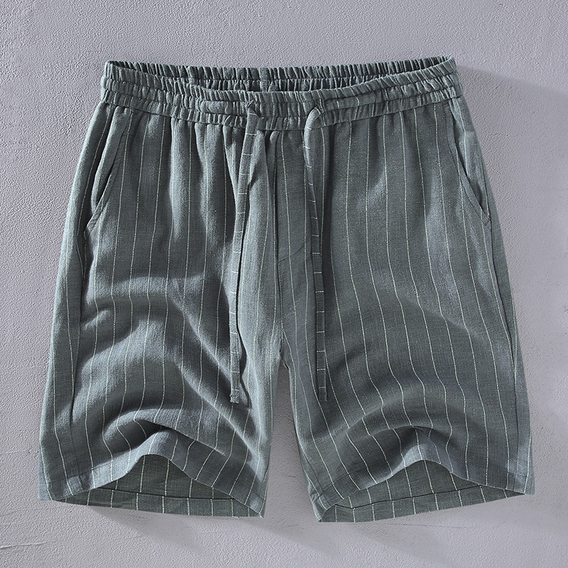 3035 Japanese Ramie Shorts For Young Men,Large Size,Loose Retro Linen And Cotton Shorts,Striped Sports Beach Pants,Thin
