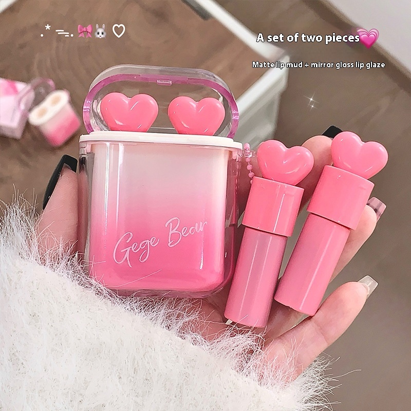 GegeBear Heart Water Light Velvet Mist Lip Glaze Combination Mirror Doodle Lip Makeup Color Pseudo Plain Matte Lipstick