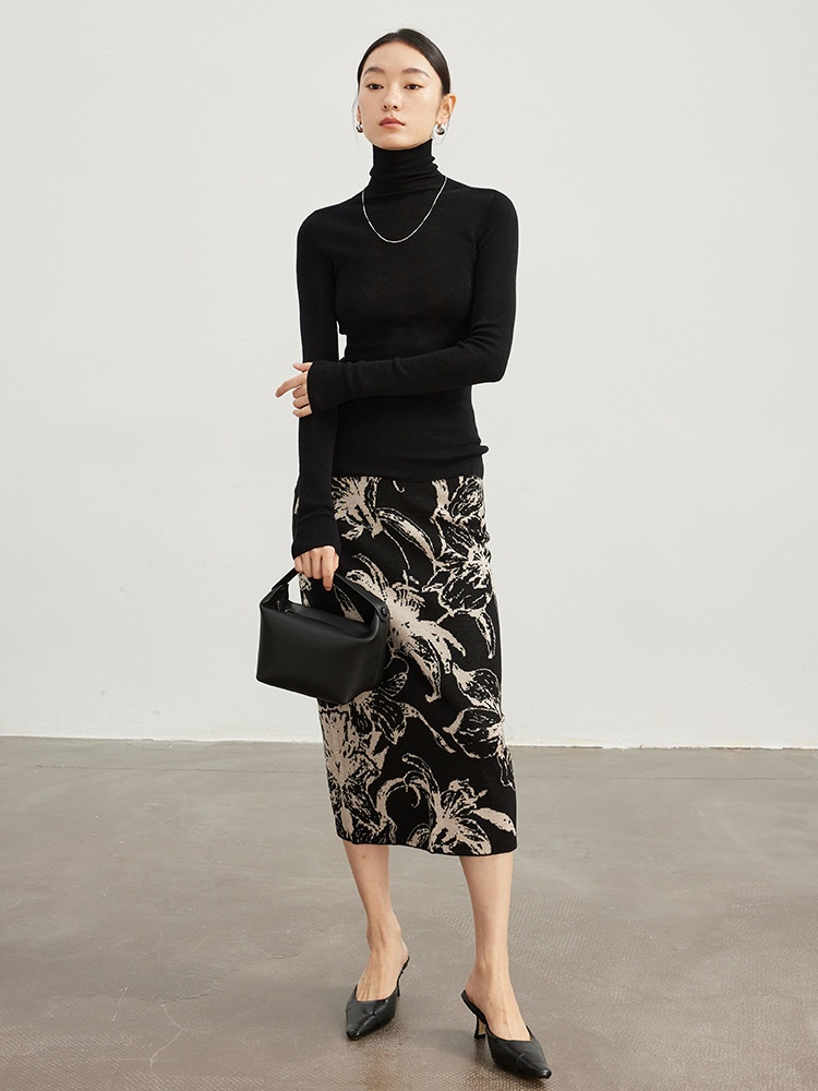 Retro Ink Jacquard Wool Knitted Skirt Slim High Waist Slit A-line Skirt