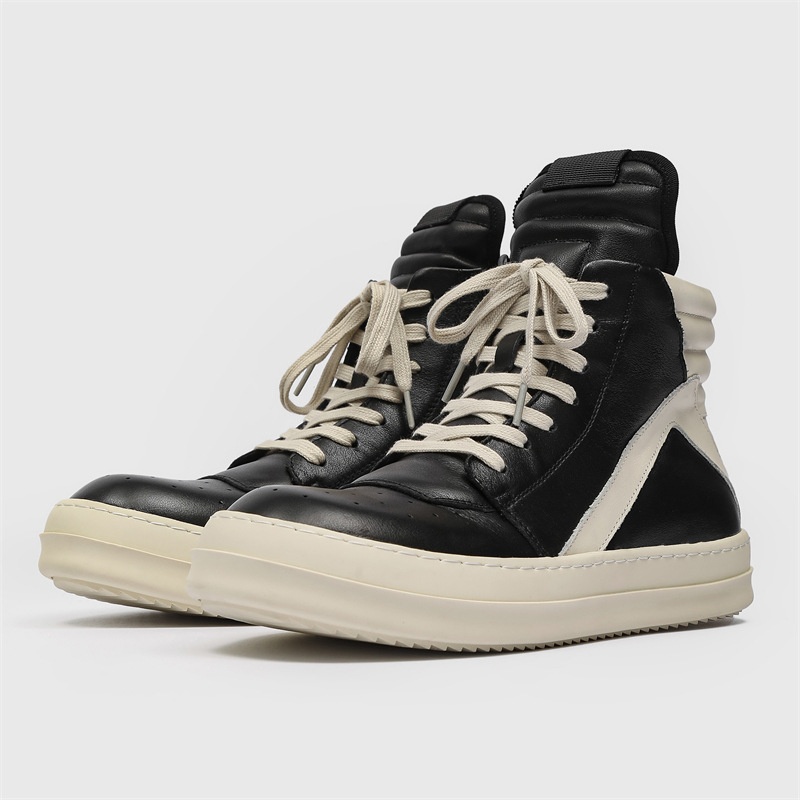 The First Layer Of Cowhide High Top Shoes For Men Black And White Inverted Triangle High Street Thick Sole Increase Casual Shoes For Men