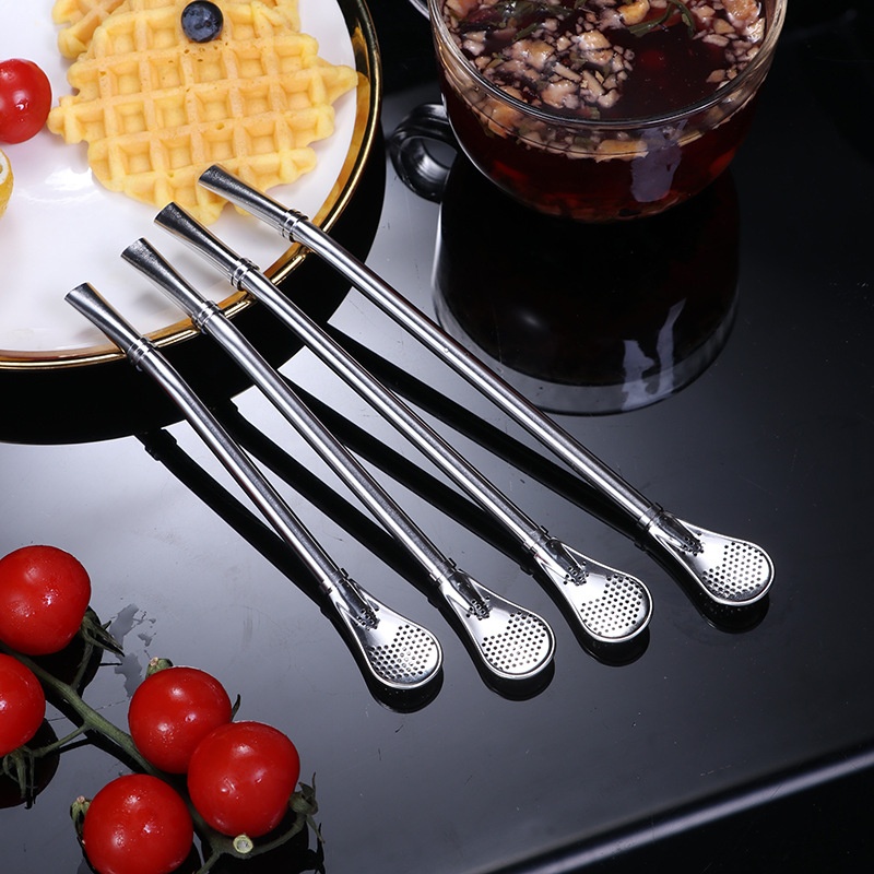 304 Stainless Steel Straw Spoon Creative Dual-purpose Coffee Beverage Stirring Spoon Juice Milk Tea Filter Straw Spoon
