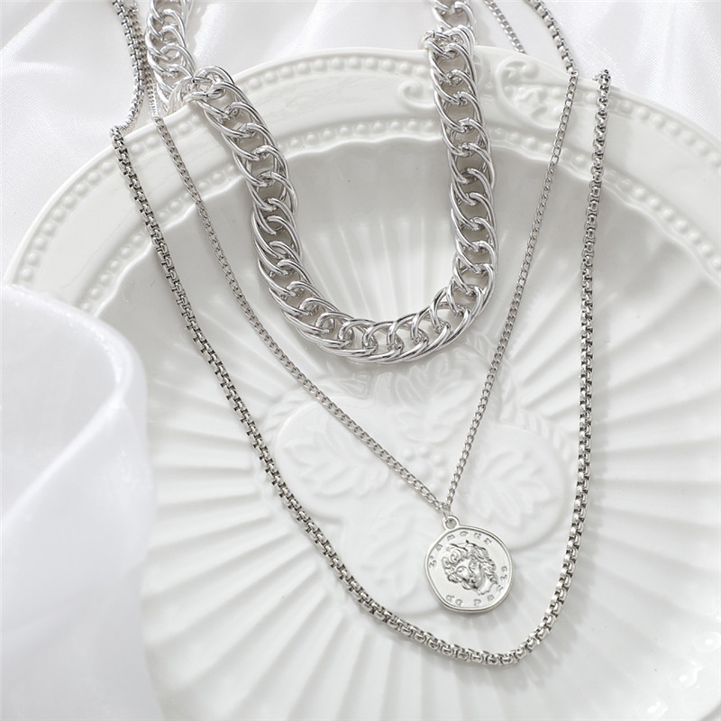 Punk Multi-layer Chain Necklace,Fashion Silver Portrait Coin Pendant Necklace