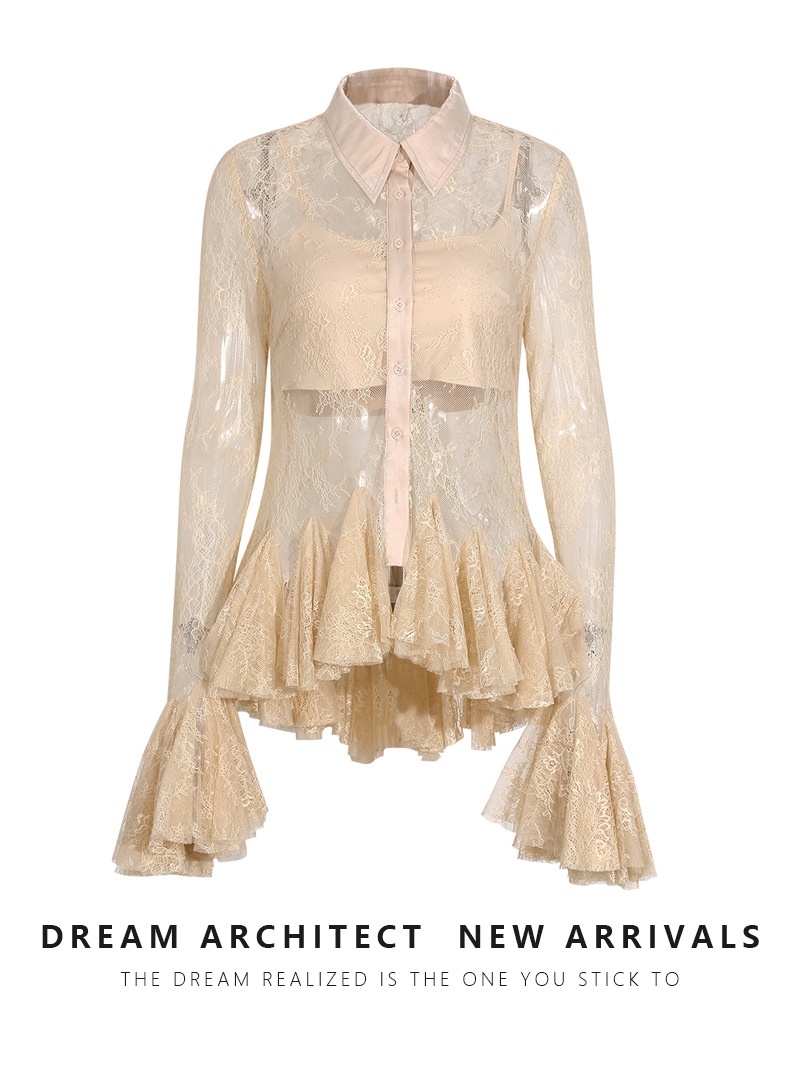 Lace-trimmed Bell Sleeves, Three-dimensional Floral Clusters, Puffy Sheer Lace Shirt