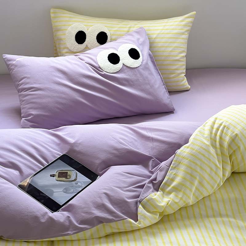 Cute Four-piece Cotton Set With Big Eyes Contrast Color Striped Pure Cotton Washed Quilt Cover Three-piece Set