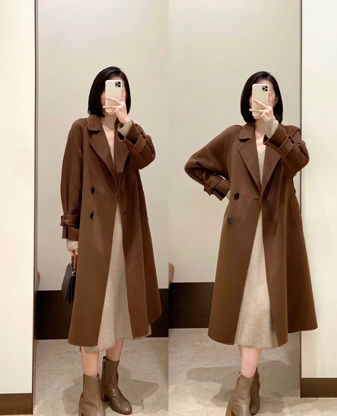 ICXiaohe Original CFabric,Top Quality,Classic Brown Raglan Sleeves,Double-faced Wool Cashmere Coat