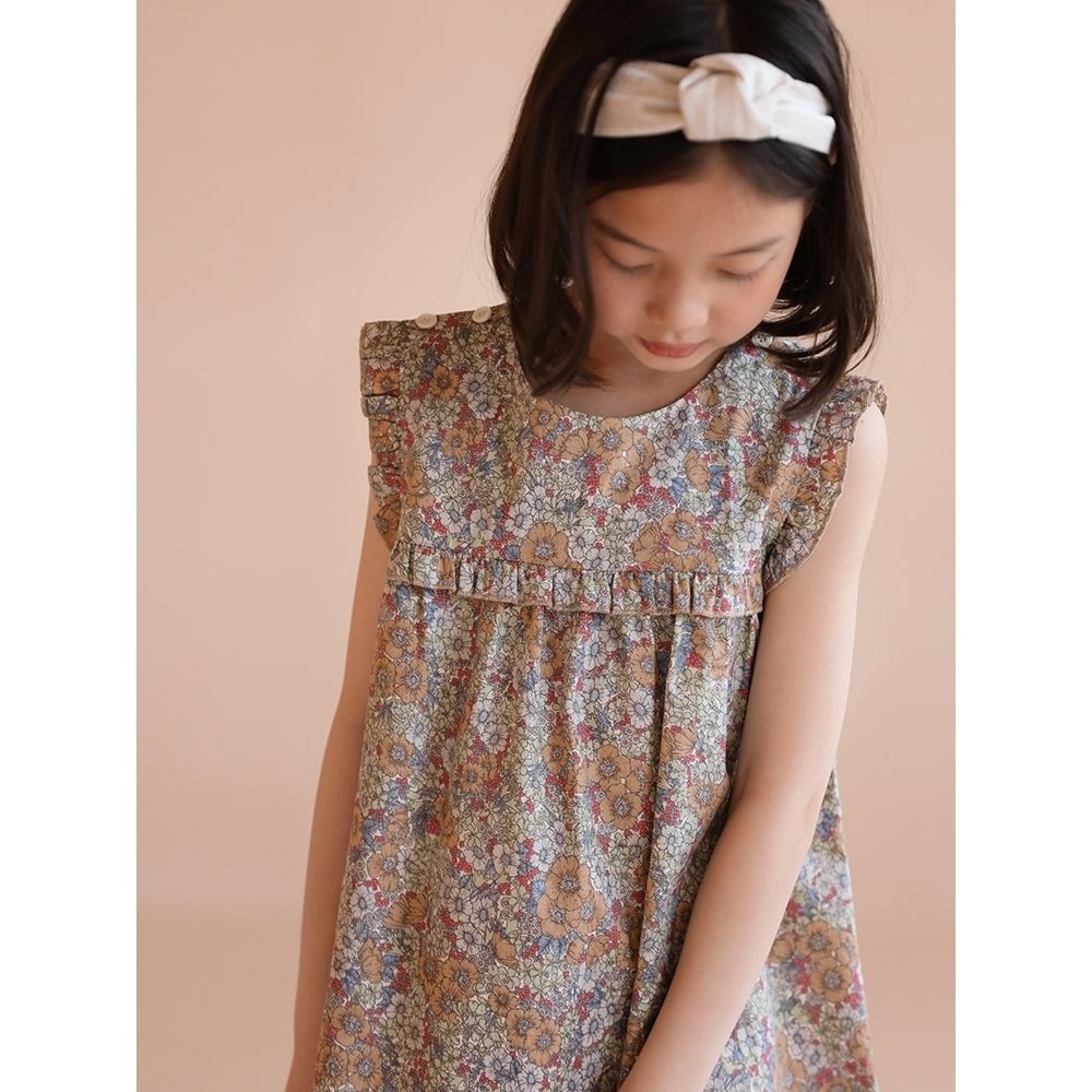 Children's Clothing Summer Style Girls Pure Cotton Japanese Style Ruffled Floral Dress One Piece Sleeveless Vest Dress Simple Retro