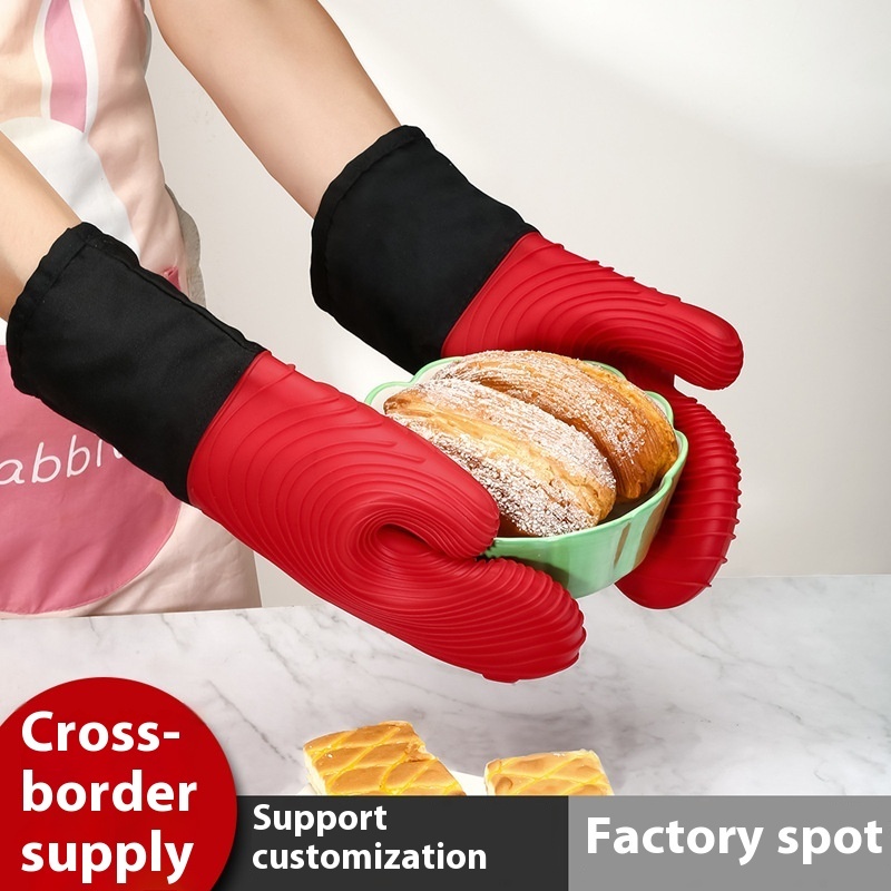 Microwave Oven Gloves Long High Temperature Resistant Baking Two Finger Gloves Kitchen Cotton Thick Non-slip Heatulation Gloves